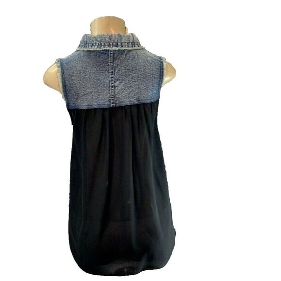 Love Stitch M Denim Bodice Sheer BlackHalf Button Down Collar Sleeveless Blouse - Picture 3 of 5